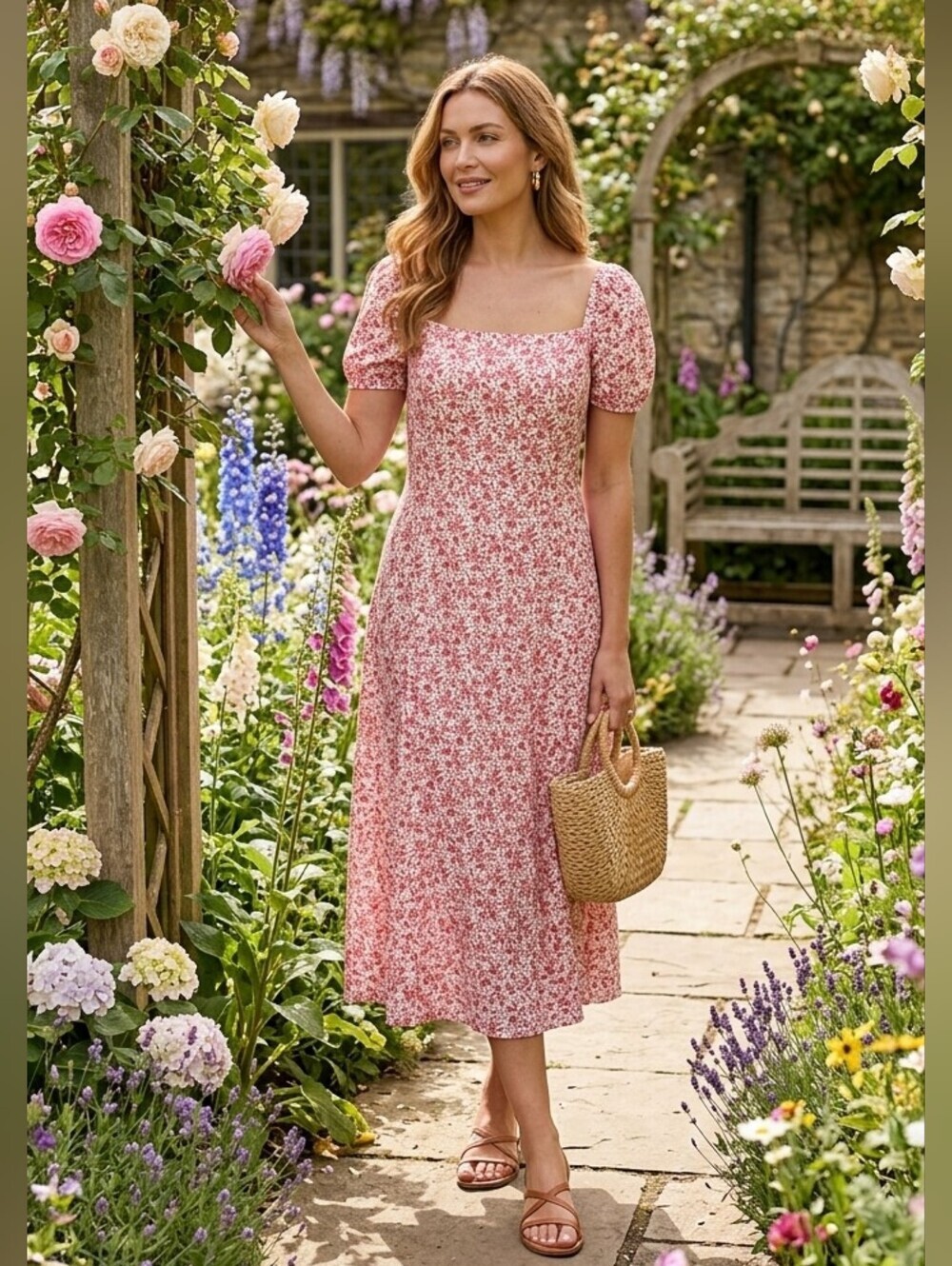Francesca's Collections Pink & White Floral Midi Dress